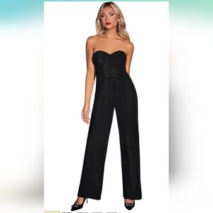 WDIRARA Women's Glitter Strapless Tube Top Sleeveless Open Back Jumpsuits